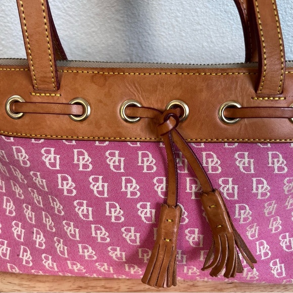 Vintage Dooney & Bourke Pink Monogram Satchel Canvas Tassel Handbag - Picture 2 of 15